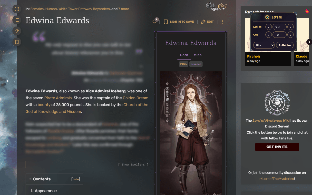 Fandom Spoilers Blocker extension preview on a Lord of the Mysteries Fandom page.